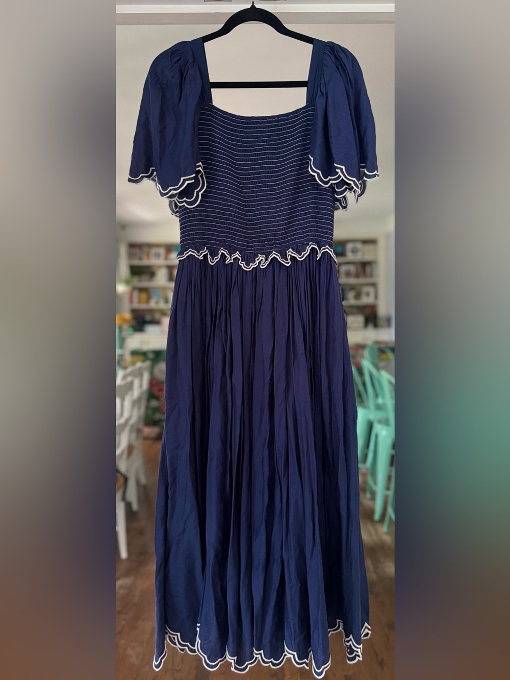 Jessa Kae Helen Dress Navy Blue Smocked Scalloped Edge Trim